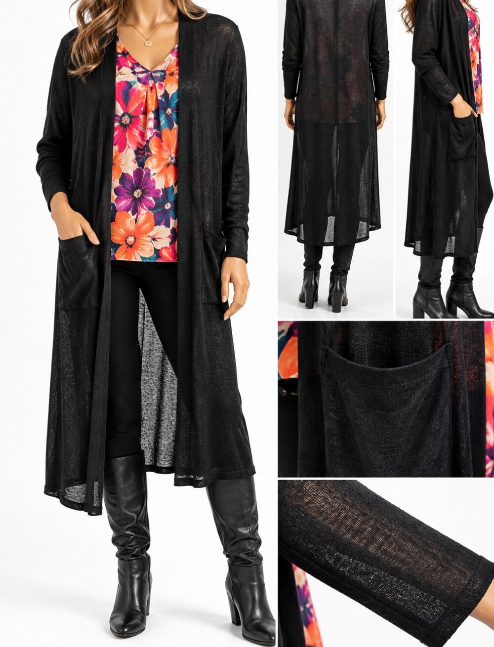 LuLaRoe Black Long Duster Cardigan L Sheer Lightweight Pockets